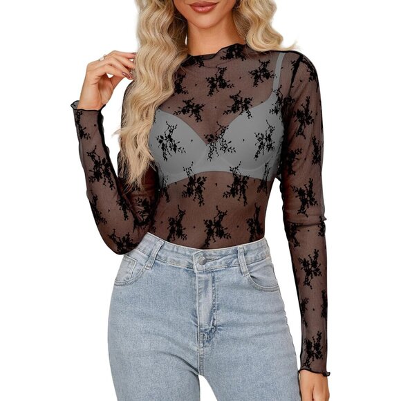 🆕Women Black Mesh Polyamide Lace Sheer Long Sleeve Mock Neck Floral Top Blouse - Picture 1 of 5